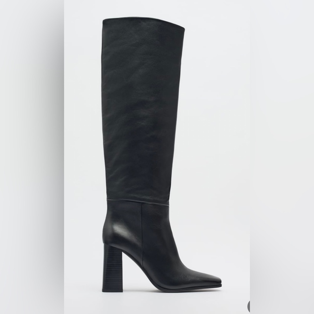 NWT ZARA Heeled Leather Knee High Boots Size 8